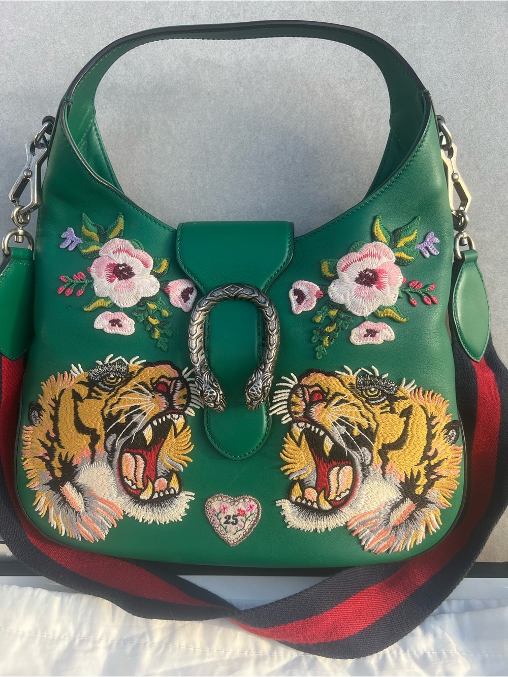 Gucci Green Embroidered Tiger Head Dionysus Hobo Bag